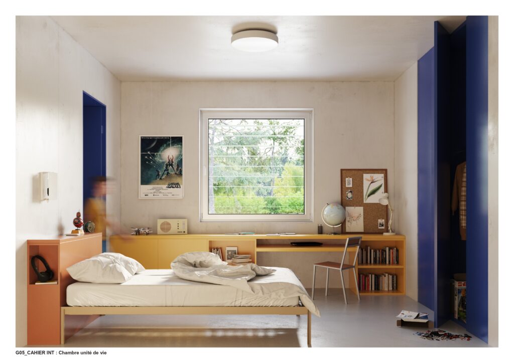 Photo d'une chambre lumineuse avec un lit et un bureau
