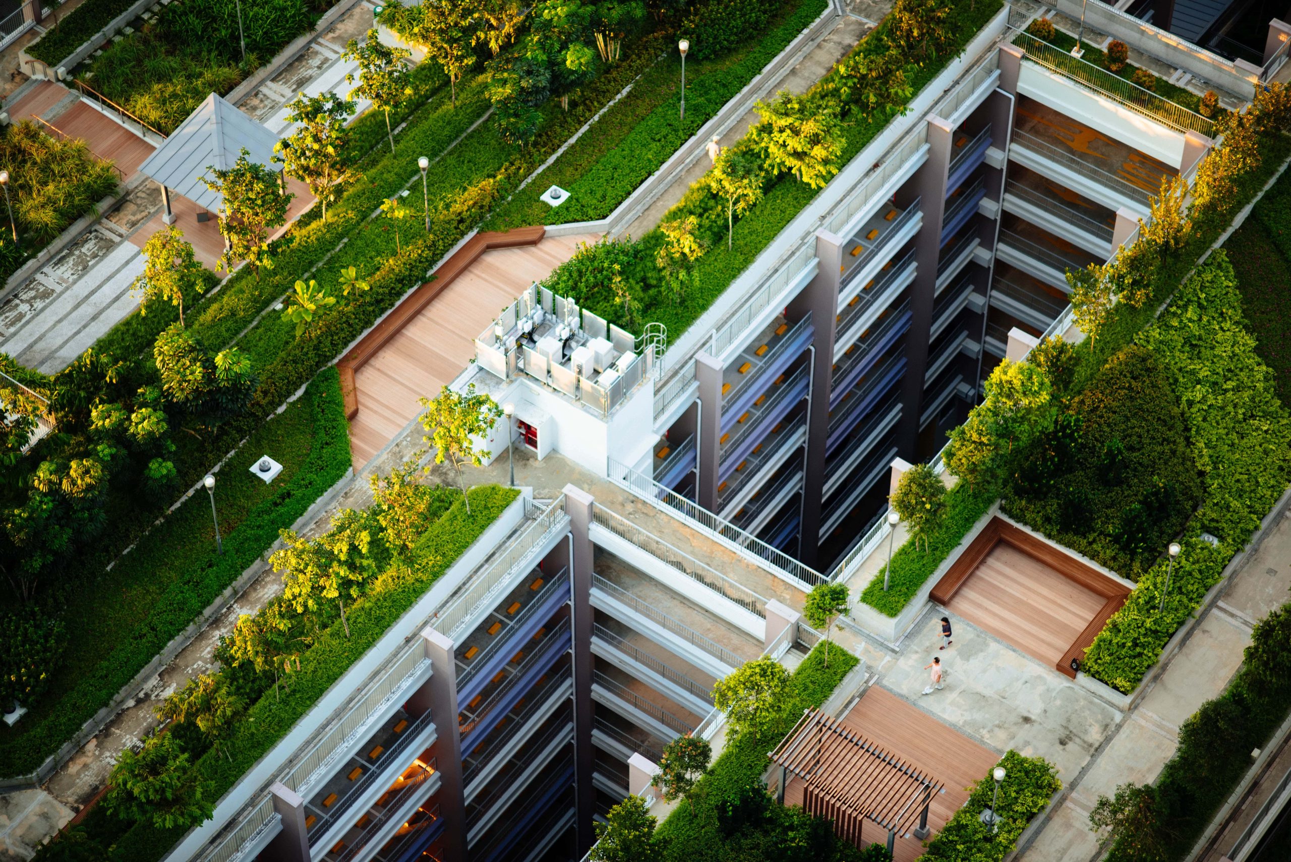Un immeuble avec un toit végétalisé vue d'en haut pour montrer nos expertises Biodiversité & Paysage