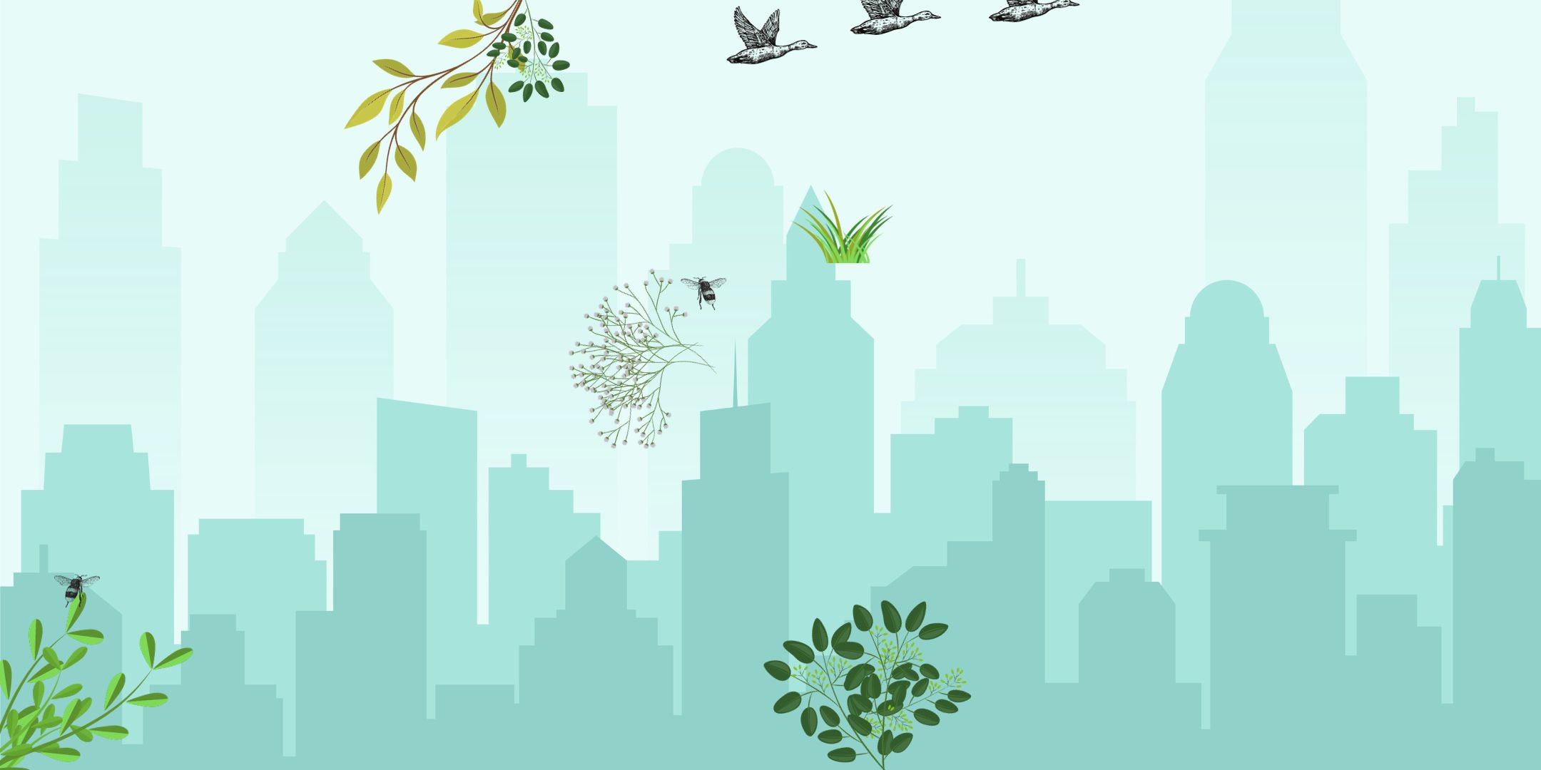 Un fond bleu turquoise avec une ville et des feuilles, des oiseaux