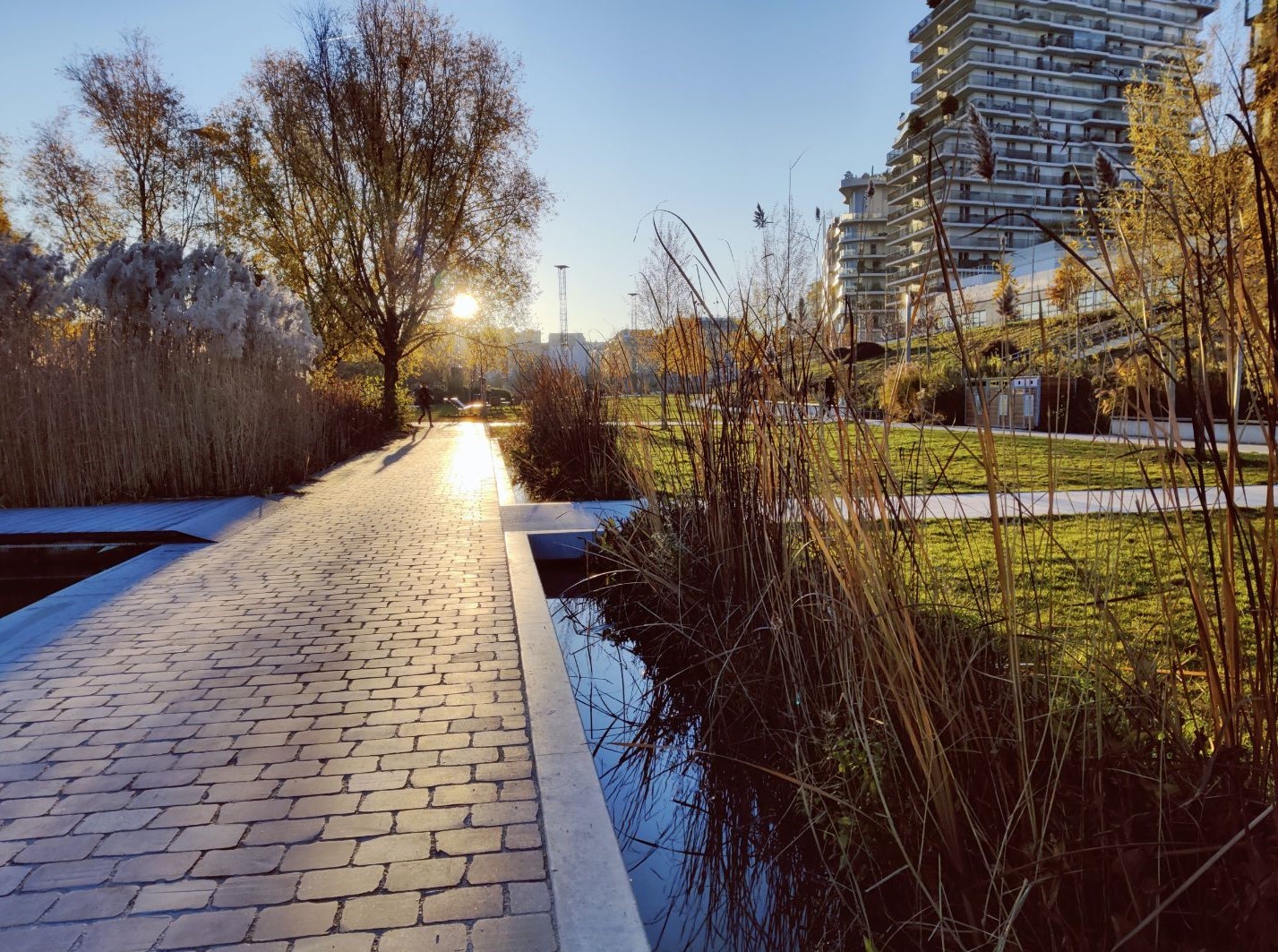 Une ville avec un chemin et de l'eau