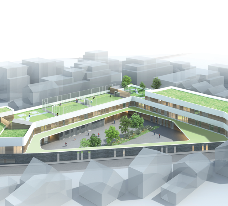dessin 3D vu de haut, bâtiment en triangle avec jardins sur les toits