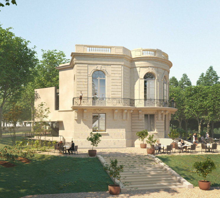 Vue d'un pavillon d'un étage avec balcon du XVIIIème au centre d'un jardin